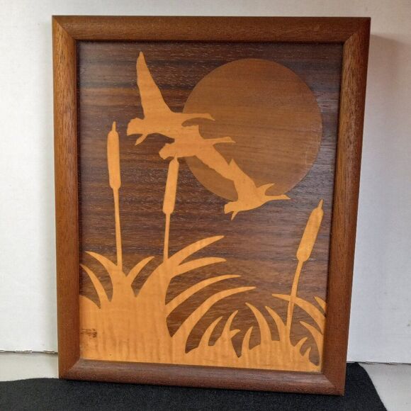 Vintage Framed Marquetry Artwood "Flying Geese Wood Inlay Handmade Cottagecore - Picture 1 of 7